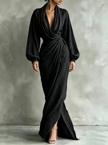 SHEIN Women's Elegant Mature Solid Color Wrap Dress Night Cocktail Black Autumn - Black - View 1