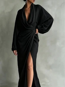 SHEIN Women's Elegant Mature Solid Color Wrap Dress Night Cocktail Black Autumn - Black - View 6