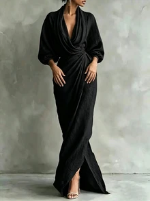SHEIN Women's Elegant Mature Solid Color Wrap Dress Night Cocktail Black Autumn - Black - View 4