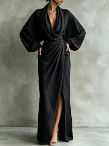 SHEIN Women's Elegant Mature Solid Color Wrap Dress Night Cocktail Black Autumn - Black - View 5