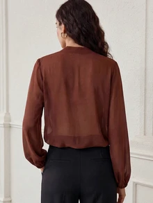 SHEIN Women's Open Front Lace Patchwork Lantern Sleeve Short Casual Blouse, Brown Top For Date, Daily Commute - Brown - View 2