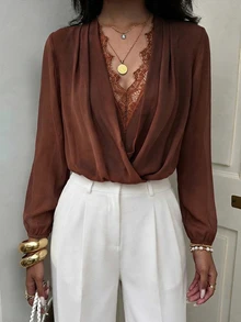 SHEIN Women's Open Front Lace Patchwork Lantern Sleeve Short Casual Blouse, Brown Top For Date, Daily Commute - Brown - View 4