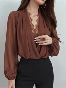 SHEIN Women's Open Front Lace Patchwork Lantern Sleeve Short Casual Blouse, Brown Top For Date, Daily Commute - Brown - View 3