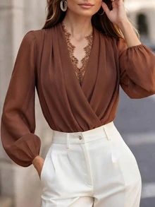 SHEIN Women's Open Front Lace Patchwork Lantern Sleeve Short Casual Blouse, Brown Top For Date, Daily Commute - Brown - View 7