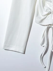 Rosivaux 时尚气质侧腰不对称领口金属拉链白色街头上衣女春秋长袖T恤秋季衣服全白秋衣女 - 白色 - 查看 6