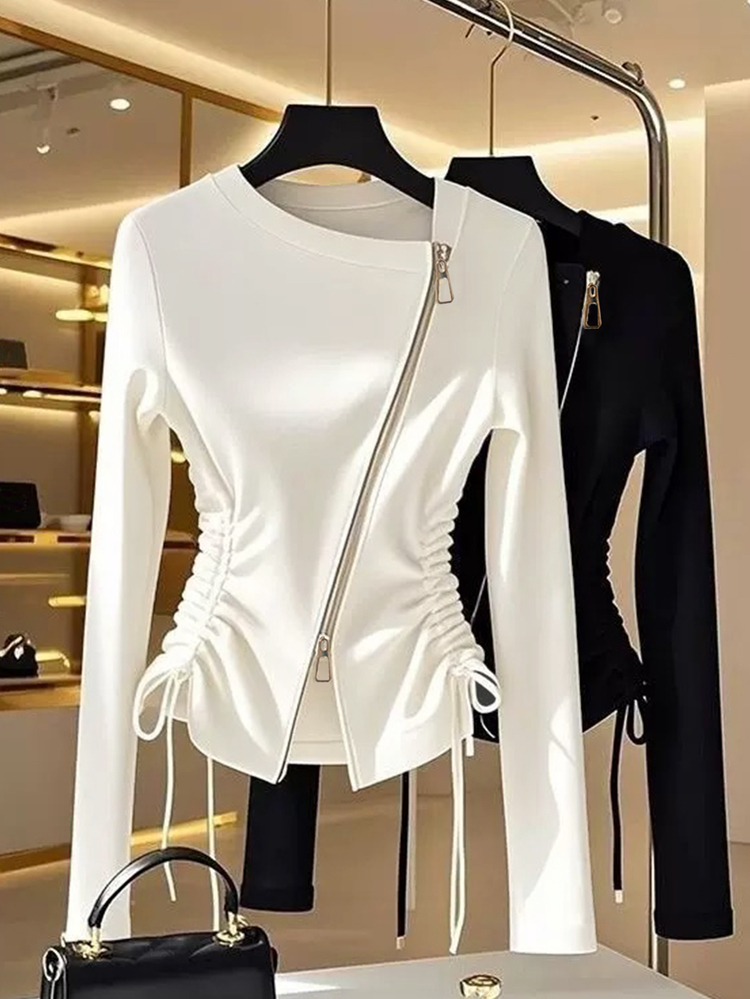 Rosivaux Women's Chic White Night Out Asymmetrical Collar Metal Zipper Side Waist Long-Sleeved T-Shirt,Fashionable Autumn Street Top Fall Clothing - White - View 3