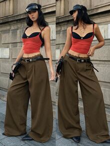 Coolane Coffee Brown Woven Commuter Women's Wide Leg Pants - Coffee Brown - View 3