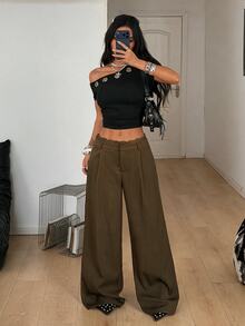 Coolane Coffee Brown Woven Commuter Women's Wide Leg Pants - Coffee Brown - View 5
