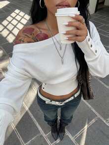 Coolane Women's Fall/Winter Going Out Casual Old Money Chic Asymmetrical Shoulder Cinched Waist Long Sleeve White Sweater,Basic Sweater - White - View 3