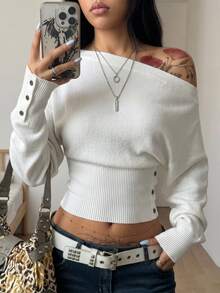 Coolane Women's Fall/Winter Going Out Casual Old Money Chic Asymmetrical Shoulder Cinched Waist Long Sleeve White Sweater,Basic Sweater - White - View 5