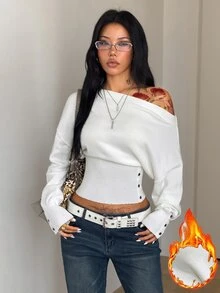Coolane Women's Fall/Winter Going Out Casual Old Money Chic Asymmetrical Shoulder Cinched Waist Long Sleeve White Sweater,Basic Sweater - White - View 6
