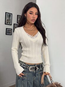 Coolane 女款秋冬復古學院風 Y2K 休閒性感老錢風百搭日常穿著 外出文藝市集夜店白色毛衣冬季襯衫 - 米色 - 查看 4
