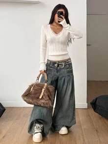 Coolane 女款秋冬復古學院風 Y2K 休閒性感老錢風百搭日常穿著 外出文藝市集夜店白色毛衣冬季襯衫 - 米色 - 查看 2