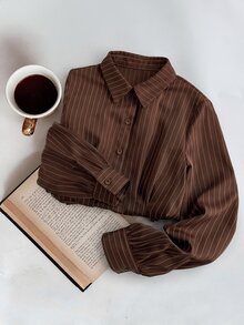 Muvela Women's Brown Striped Versatile Daily Wear Shirt Turn-Down Collar Long Sleeve Self-Tie Waist Button Up Blouse Elegant Office Work Top Fall 2026 - Brown - View 5