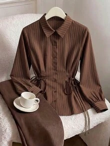 Muvela Women's Brown Striped Versatile Daily Wear Shirt Turn-Down Collar Long Sleeve Self-Tie Waist Button Up Blouse Elegant Office Work Top Fall 2026 - Brown - View 10
