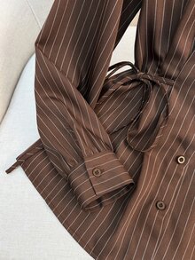 Muvela Women's Brown Striped Versatile Daily Wear Shirt Turn-Down Collar Long Sleeve Self-Tie Waist Button Up Blouse Elegant Office Work Top Fall 2026 - Brown - View 6