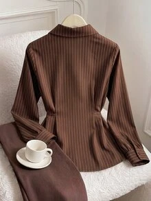 Muvela Women's Brown Striped Versatile Daily Wear Shirt Turn-Down Collar Long Sleeve Self-Tie Waist Button Up Blouse Elegant Office Work Top Fall 2026 - Brown - View 8