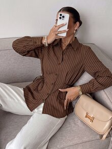 Muvela Women's Brown Striped Versatile Daily Wear Shirt Turn-Down Collar Long Sleeve Self-Tie Waist Button Up Blouse Elegant Office Work Top Fall 2026 - Brown - View 9