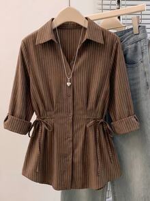 Muvela Women's Brown Striped Versatile Daily Wear Shirt Turn-Down Collar Long Sleeve Self-Tie Waist Button Up Blouse Elegant Office Work Top Fall 2026 - Brown - View 1