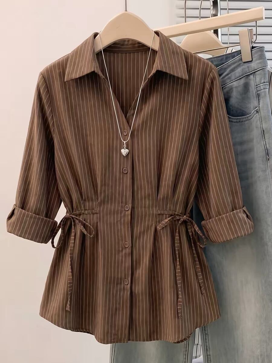 Muvela Women's Brown Striped Versatile Daily Wear Shirt Turn-Down Collar Long Sleeve Self-Tie Waist Button Up Blouse Elegant Office Work Top Fall 2026 - Brown - View 1