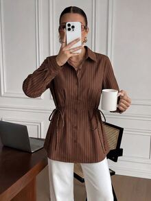 Muvela Women's Brown Striped Versatile Daily Wear Shirt Turn-Down Collar Long Sleeve Self-Tie Waist Button Up Blouse Elegant Office Work Top Fall 2026 - Brown - View 2