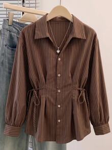 Muvela Women's Brown Striped Versatile Daily Wear Shirt Turn-Down Collar Long Sleeve Self-Tie Waist Button Up Blouse Elegant Office Work Top Fall 2026 - Brown - View 4