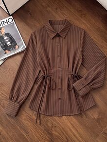 Muvela Women's Brown Striped Versatile Daily Wear Shirt Turn-Down Collar Long Sleeve Self-Tie Waist Button Up Blouse Elegant Office Work Top Fall 2026 - Brown - View 7