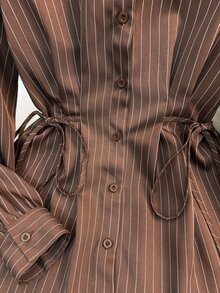 Muvela Women's Brown Striped Versatile Daily Wear Shirt Turn-Down Collar Long Sleeve Self-Tie Waist Button Up Blouse Elegant Office Work Top Fall 2026 - Brown - View 11
