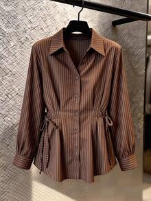 Muvela Women's Brown Striped Versatile Daily Wear Shirt Turn-Down Collar Long Sleeve Self-Tie Waist Button Up Blouse Elegant Office Work Top Fall 2026 - Brown - View 3
