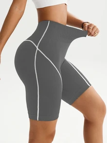 Slayform Slayform 1pc Women's Ribbed Colorblock Wide Waistband Basic Running Fitness Workout Cycling Sports Shorts Gym Dance Light Grey Summer Soft Essential - Grey - View 6