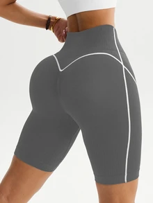 Slayform Slayform 1pc Women's Ribbed Colorblock Wide Waistband Basic Running Fitness Workout Cycling Sports Shorts Gym Dance Light Grey Summer Soft Essential - Grey - View 5