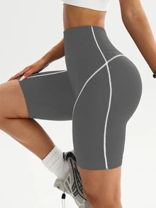 Slayform Slayform 1pc Women's Ribbed Colorblock Wide Waistband Basic Running Fitness Workout Cycling Sports Shorts Gym Dance Light Grey Summer Soft Essential - Grey - View 7