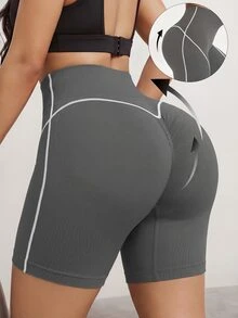 Slayform Slayform 1pc Women's Ribbed Colorblock Wide Waistband Basic Running Fitness Workout Cycling Sports Shorts Gym Dance Light Grey Summer Soft Essential - Grey - View 3