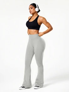 Slayform Slayform Legging Flare Tanpa Jahitan Pinggang Tinggi Warna Polos untuk Wanita - Light Grey - View 7