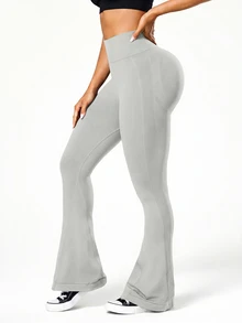 Slayform Slayform Legging Flare Tanpa Jahitan Pinggang Tinggi Warna Polos untuk Wanita - Light Grey - View 4