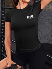 Eassivo 1pc Regular Fit Raglan Sleeve Basic Black Sports T-Shirt For Fitness/Yoga - Black - View 6