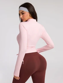 Eassivo Eassivo Women's Solid Color Long Sleeve Zipper Front Side Waist Drawstring Sports Jacket - Pink - View 2