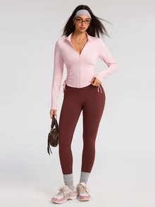 Eassivo Eassivo Women's Solid Color Long Sleeve Zipper Front Side Waist Drawstring Sports Jacket - Pink - View 5