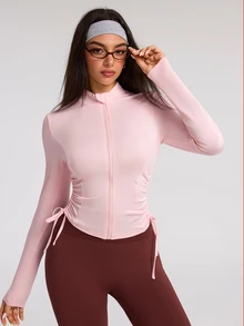 Eassivo Eassivo Women's Solid Color Long Sleeve Zipper Front Side Waist Drawstring Sports Jacket - Pink - View 3