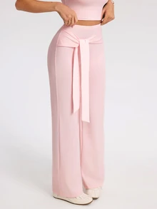 Eassivo Eassivo Women's Solid Color Waist Knot Wide Leg Sports Pants - Pink - View 4