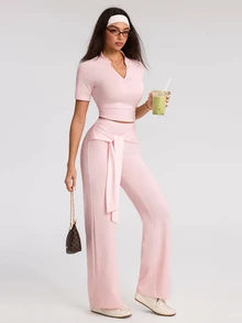 Eassivo Eassivo Women's Solid Color Waist Knot Wide Leg Sports Pants - Pink - View 6