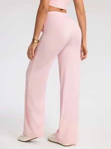 Eassivo Eassivo Women's Solid Color Waist Knot Wide Leg Sports Pants - Pink - View 2
