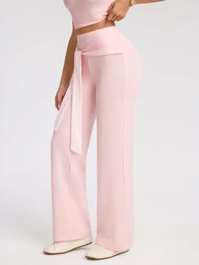 Eassivo Eassivo Women's Solid Color Waist Knot Wide Leg Sports Pants - Pink - View 5