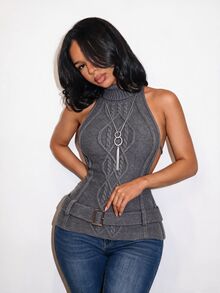 BamGleam American Retro Cable Knit High Neck Halter Neck Tank Top, Back Tie Open Back Fitted Sleeveless Sexy Top - Dark Grey - View 6