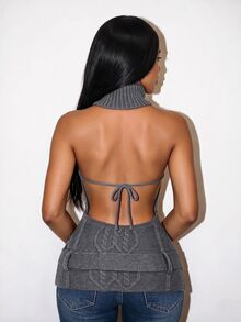 BamGleam American Retro Cable Knit High Neck Halter Neck Tank Top, Back Tie Open Back Fitted Sleeveless Sexy Top - Dark Grey - View 2