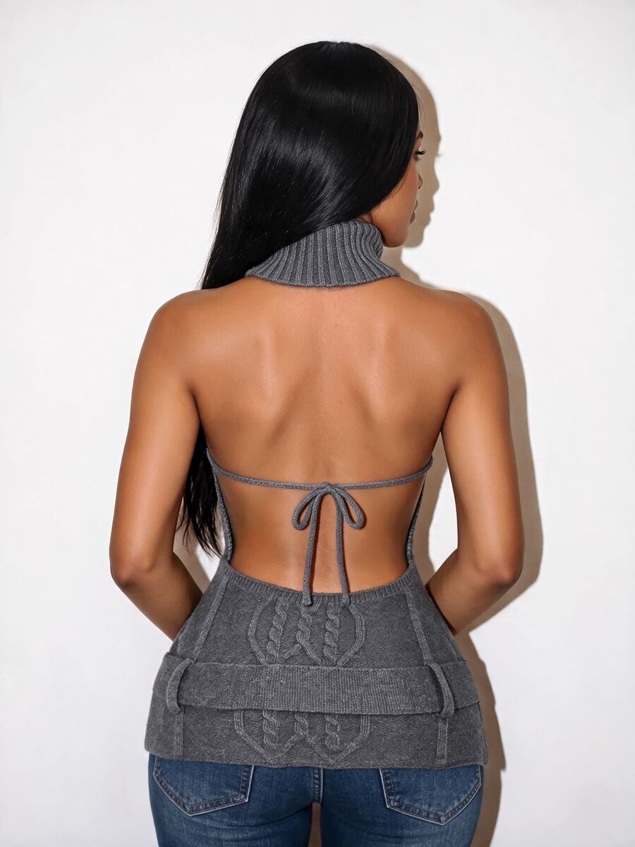 BamGleam American Retro Cable Knit High Neck Halter Neck Tank Top, Back Tie Open Back Fitted Sleeveless Sexy Top