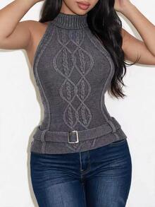 BamGleam American Retro Cable Knit High Neck Halter Neck Tank Top, Back Tie Open Back Fitted Sleeveless Sexy Top - Dark Grey - View 3