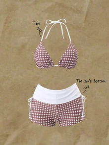 SHEIN Swim 美式格紋拼色女款泳衣，綁帶領三角杯上衣，側抽繩短褲，保守防走光泳裝 - 彩色 - 查看 2