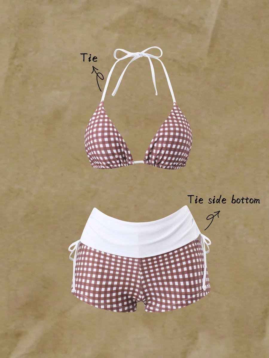 SHEIN Swim 美式格紋拼色女款泳衣，綁帶領三角杯上衣，側抽繩短褲，保守防走光泳裝