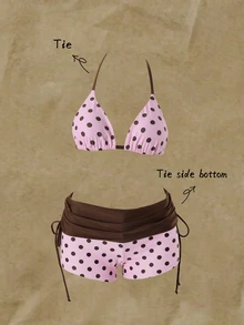 SHEIN Swim 粉色與棕色波點兩件式比基尼，掛脖式，保守設計，平底短褲，溫泉度假泳衣，海灘度假 - 粉色 - 查看 5